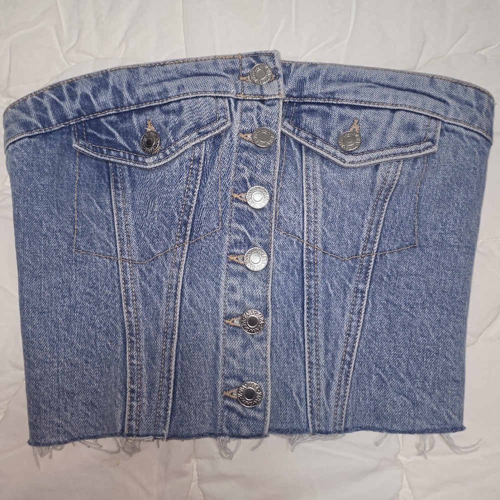 ZARA Denim Corset Top XS Button Front Bustier Strapless Smocked‎ Back Raw Hem